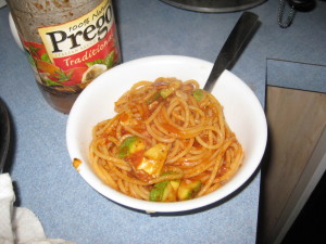 marinara spaghetti with squash and bacon